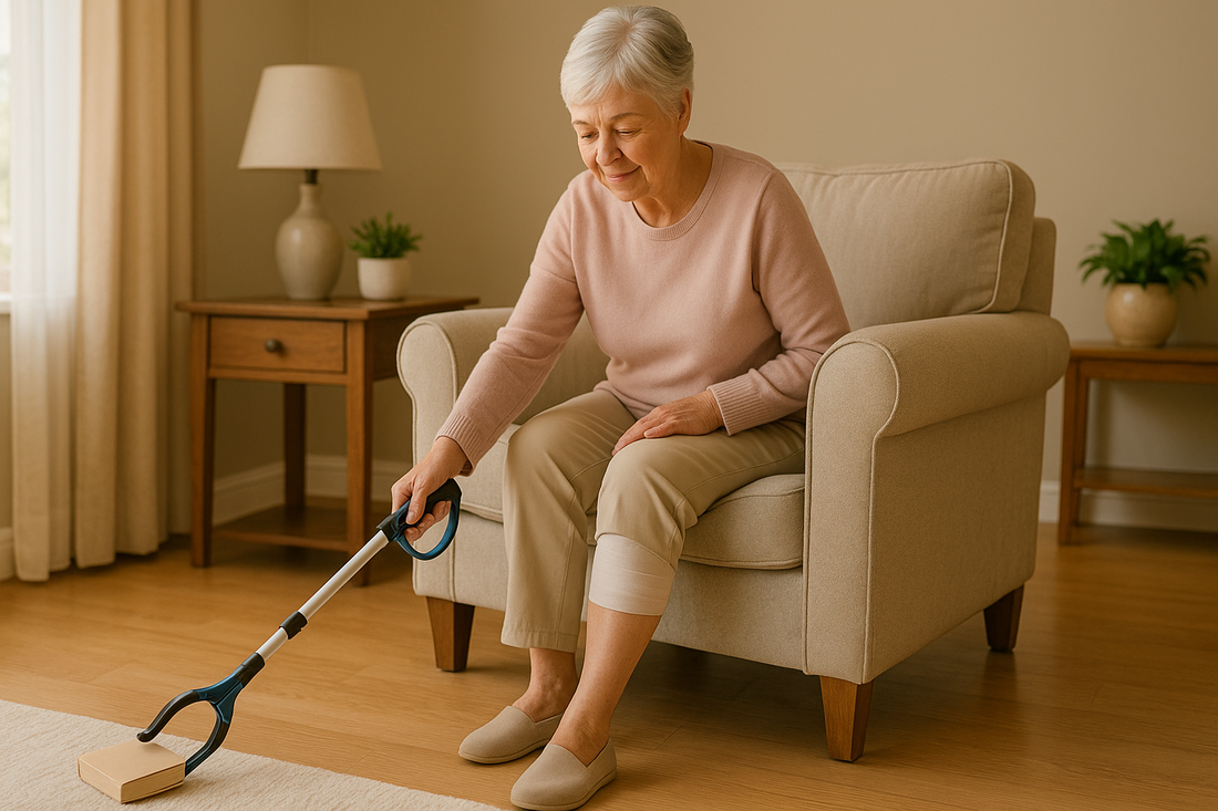 Senior using grabber tool safely after surgery at home