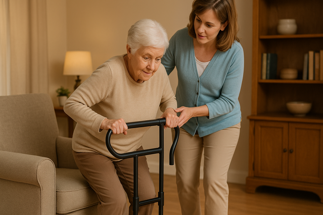 Senior demonstrating use of portable standing assist device