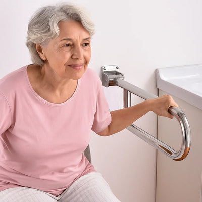 Flip-Up Toilet Grab Bar for Seniors – Folding Stainless Steel Handicap Rail for Bathroom Safety