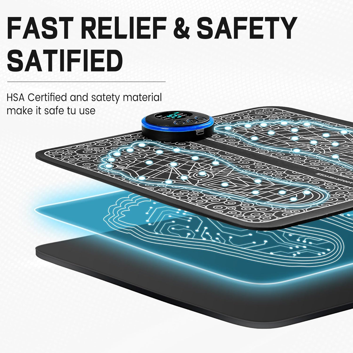 Electronic device with a digital display on a black and blue mat, labeled 'Fast Relief & Safety Satified'.