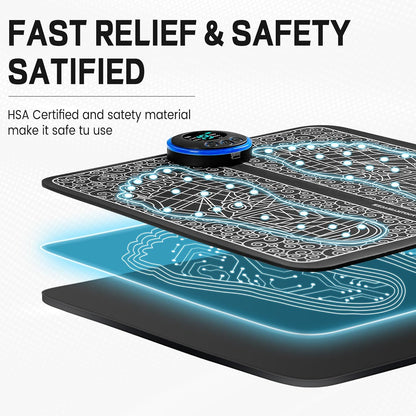 Electronic device with a digital display on a black and blue mat, labeled 'Fast Relief & Safety Satified'.