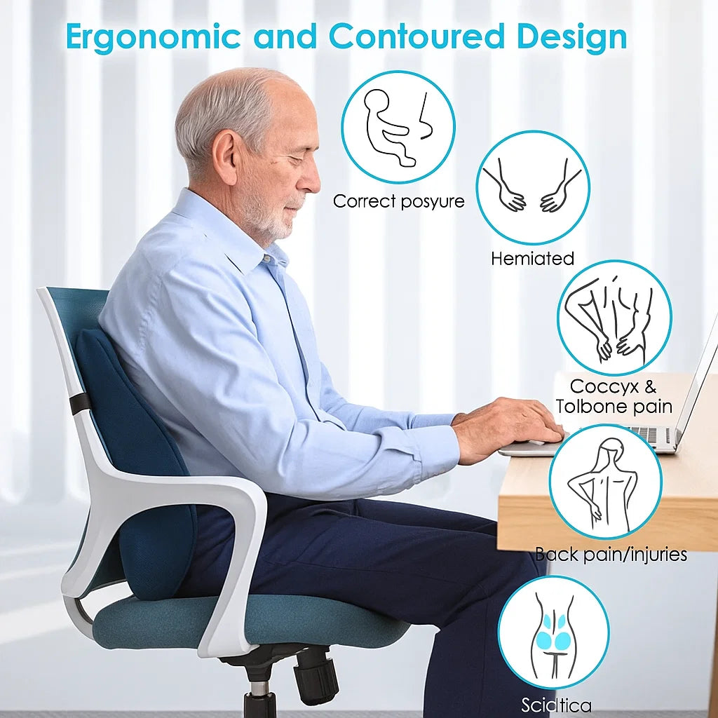 Memory Foam Lumbar Support Pillow – Back Support for Office, Car & Home Chairs