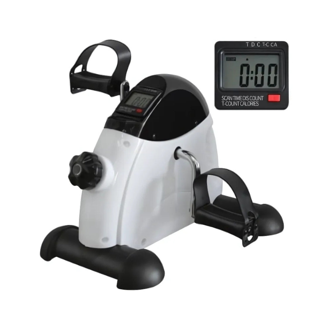 White and black exercise bike with digital display on a white background