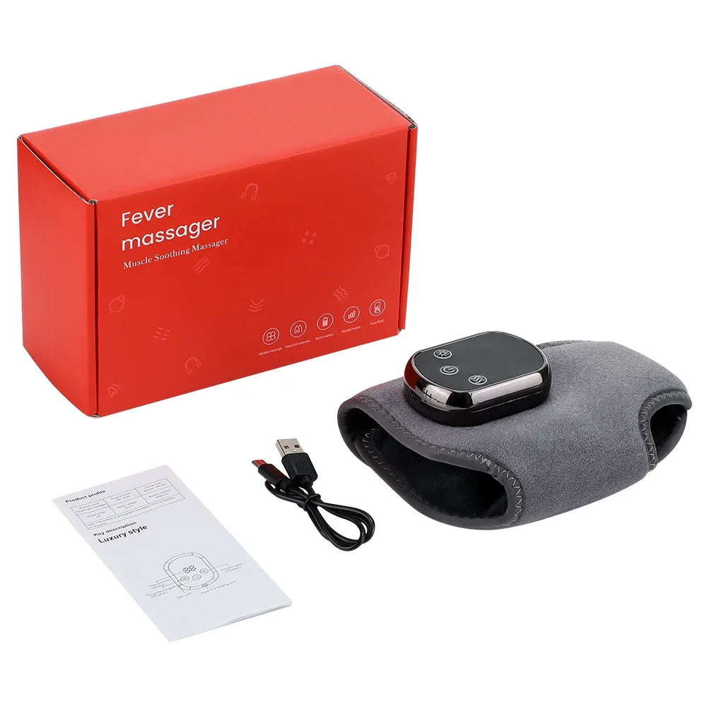 Fever massager with packaging, USB cable, and user manual on a white background