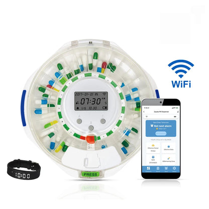Round electronic device with colorful components, digital display, and smartphone app on a white background
